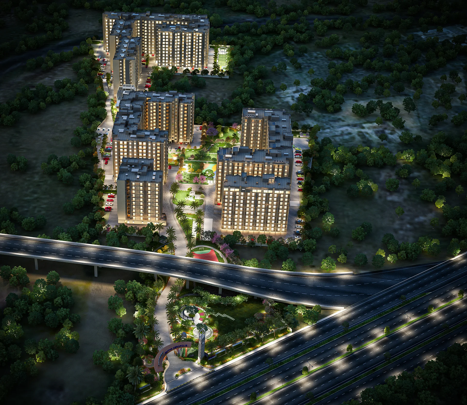 Aerial night view of Sattva Aeropolis on Airport Road