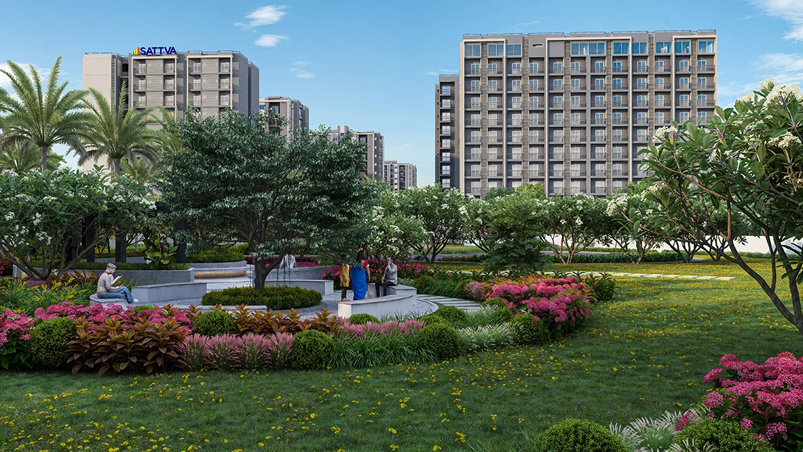 Sattva Aeropolis II — landscaped walkway and residential towers